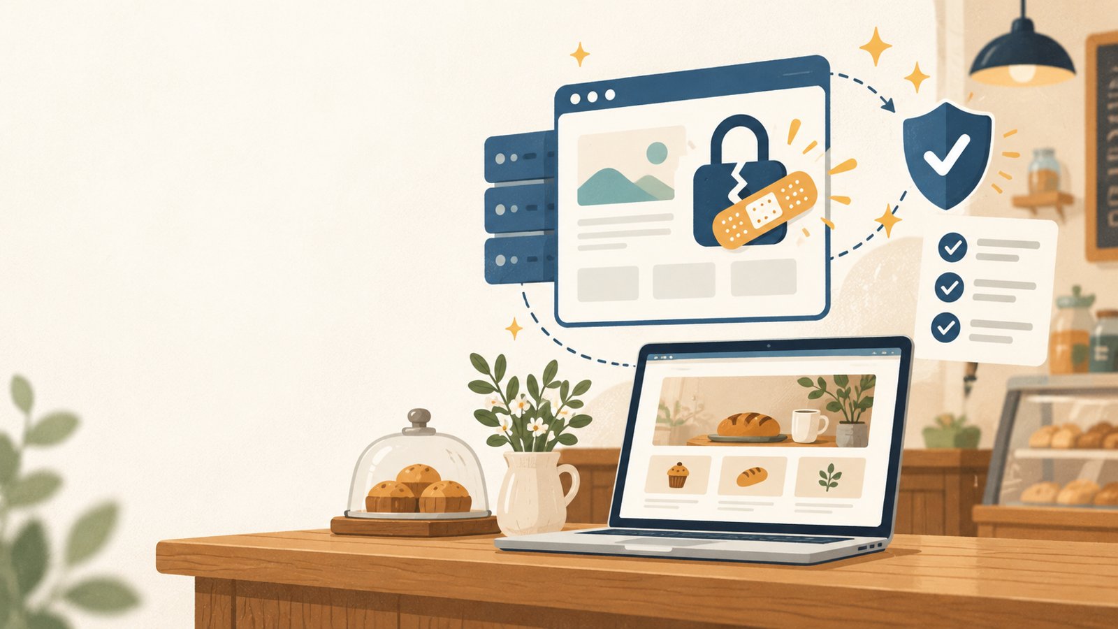 お店のパソコンに表示されたホームページの鍵を、絆創膏で修理しているイラスト